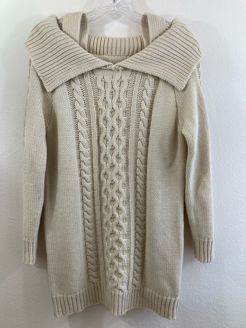 LIKE A Cream Cable Knit Sweater Dress Tunic Foldover Collar Estimated M